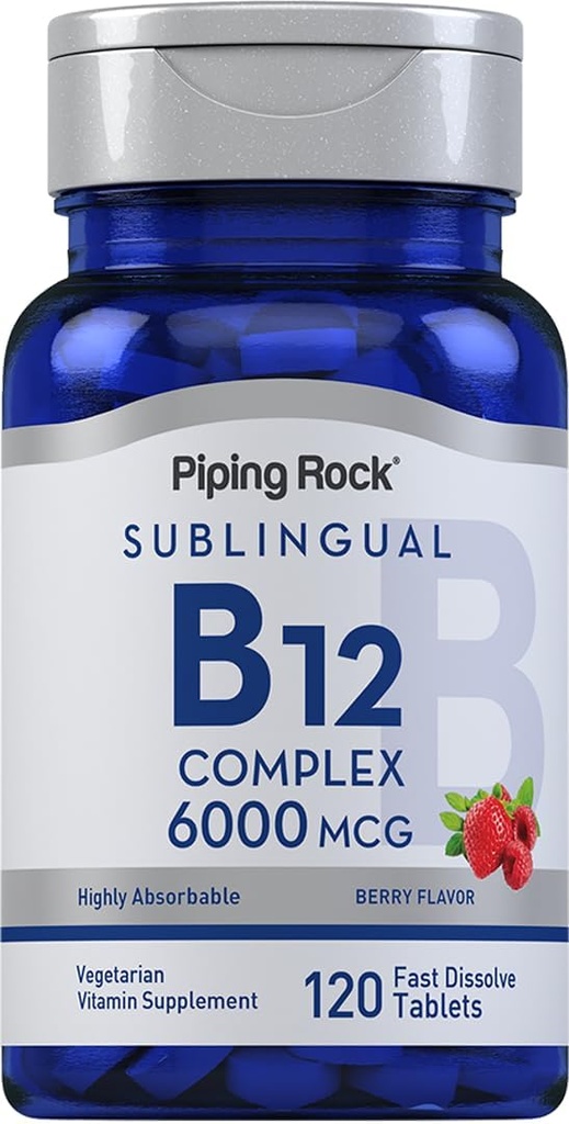 Piping Rock Berry Flavor Sublingual B12 Complex 6000 mcg Tablets - 120 ct | Vegetarian, Non-GMO, Gluten-Free