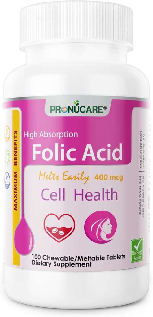 PRONUCARE Folic Acid 400 mcg Chewable Tablets for Women's Health and Prenatal Care - 100 Tablets, Great Taste
