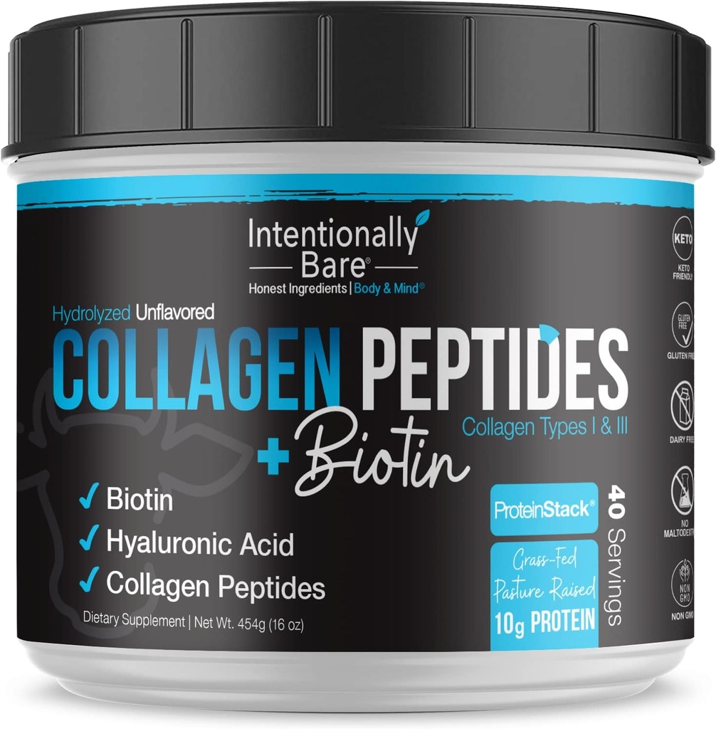 Non-GMO Collagen Peptides Powder with Biotin, Hyaluronic Acid - Grass Fed Protein Powder - Keto Friendly - 40 Servings