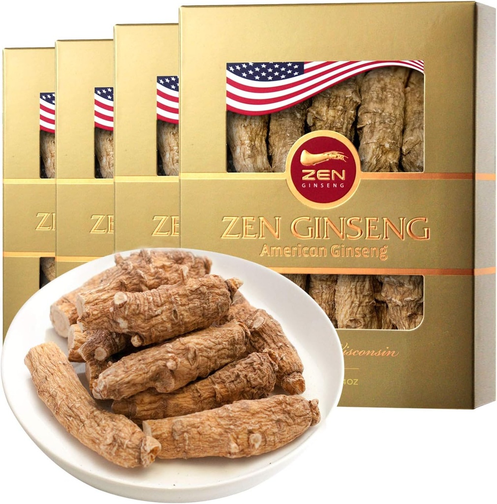 4 Boxes Zen Ginseng: Premium Large American Ginseng Root (4oz per Box) - Non-GMO, Gluten Free Wisconsin Ginseng. Boost Immunity, Energy & Stamina for Men & Women.