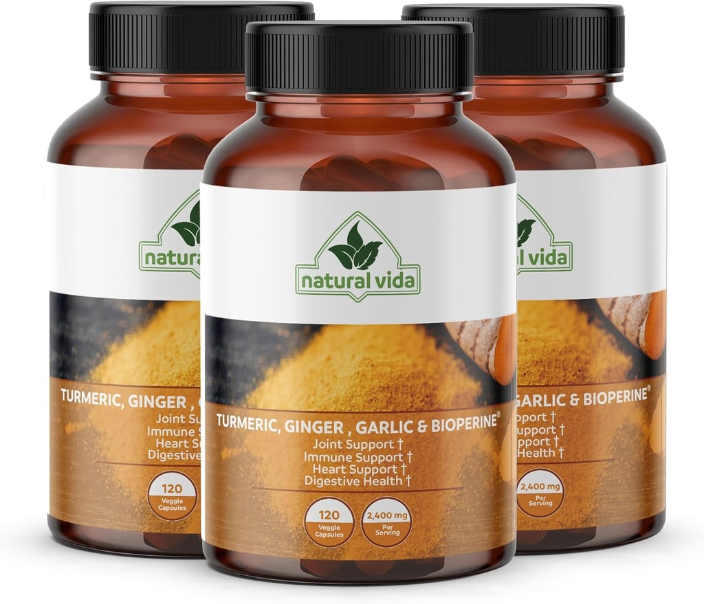4-in-1 Turmeric Garlic Ginger with Bioperine Capsules - 2,400 mg Curcumin Supplement for Joint, Digestion, and Immune Support
