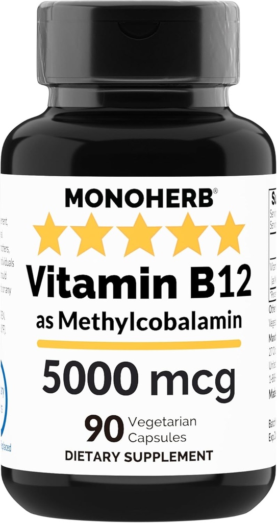 High Potency Vitamin B12 Methylcobalamin Capsules - 5000 mcg, 90 Vegetarian Capsules