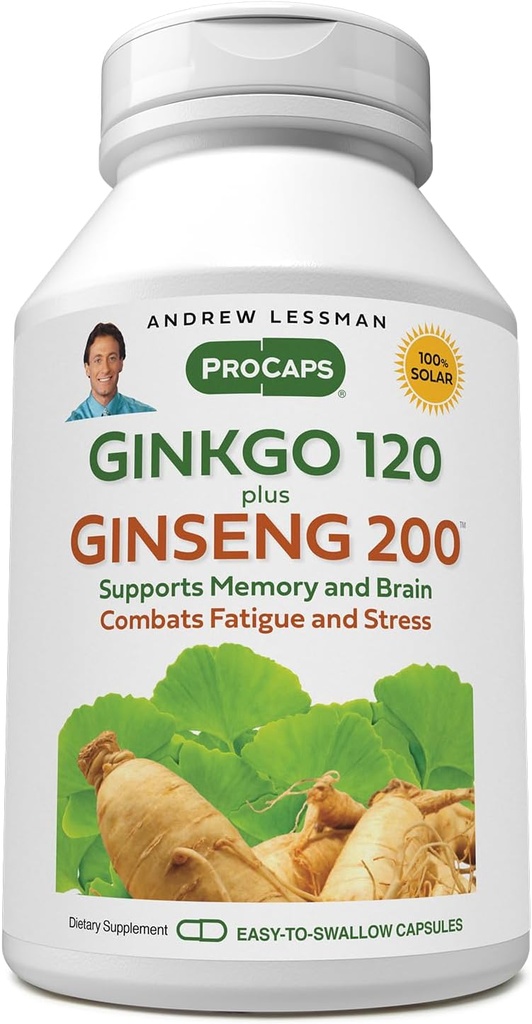 Ginkgo 120 Plus Ginseng Capsules - Brain and Memory Support, Combats Stress and Fatigue - No Additives