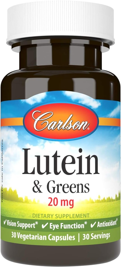 Carlson Lutein & Greens 20mg Capsules - Vision Support & Eye Function - Antioxidant - 30 Vegetarian Capsules