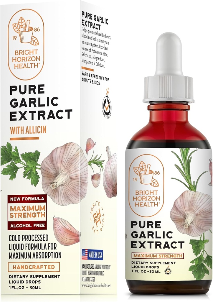 Bright Horizon Health Pure Garlic Extract with Allicin - 11X Stronger Immune Support - Vegan Friendly Liquid Formula - 1 fl.oz Bottle