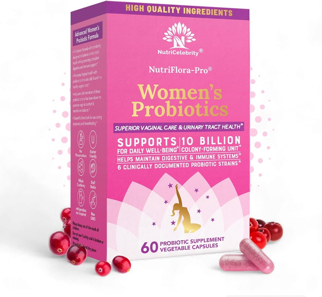 Nutricelebrity NutriFlora-Pro Probiotic Capsules for Women - Supports Vaginal, Urinary, and Digestive Health, UTI Relief, Period Pain, Cranberry Extract, 10 Billion CFU 6 Strains (60 Capsules)