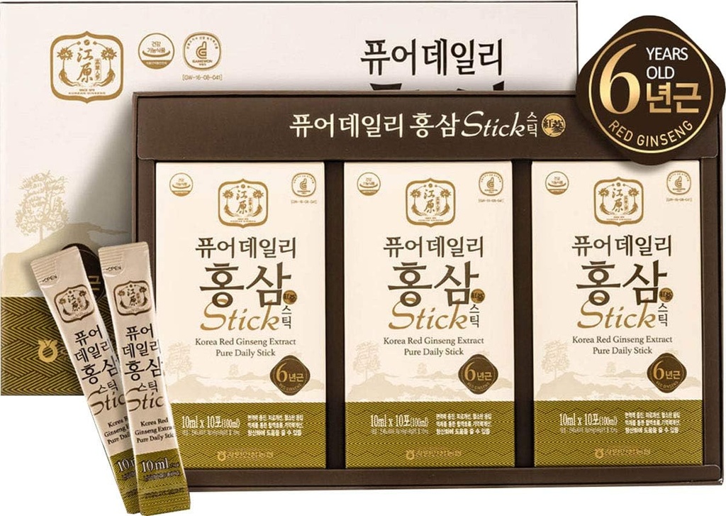 [Gangwoninsam] Korean Red Ginseng Extract Pure Daily Sticks - 6 Year Korean Red Ginseng, Individually Packaged, 30 Sticks, 0.35 fl. oz, Korean Food, 3 X 10-Count Box