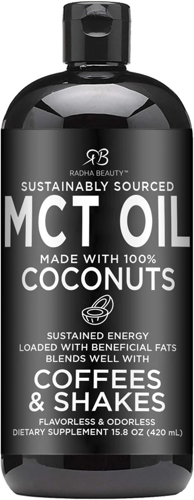 Non-GMO Coconut-Made Radha Beauty Premium MCT Oil - 15.8oz. Keto, Paleo, Gluten-Free, Vegan Approved