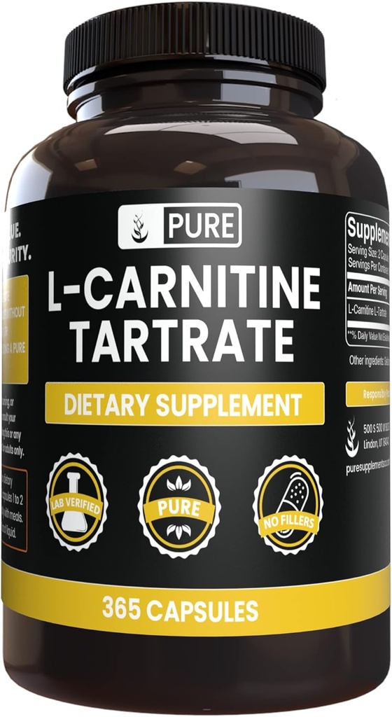 365 Capsules Pure L-Carnitine Tartrate - No Magnesium or Rice Fillers, Lab Verified