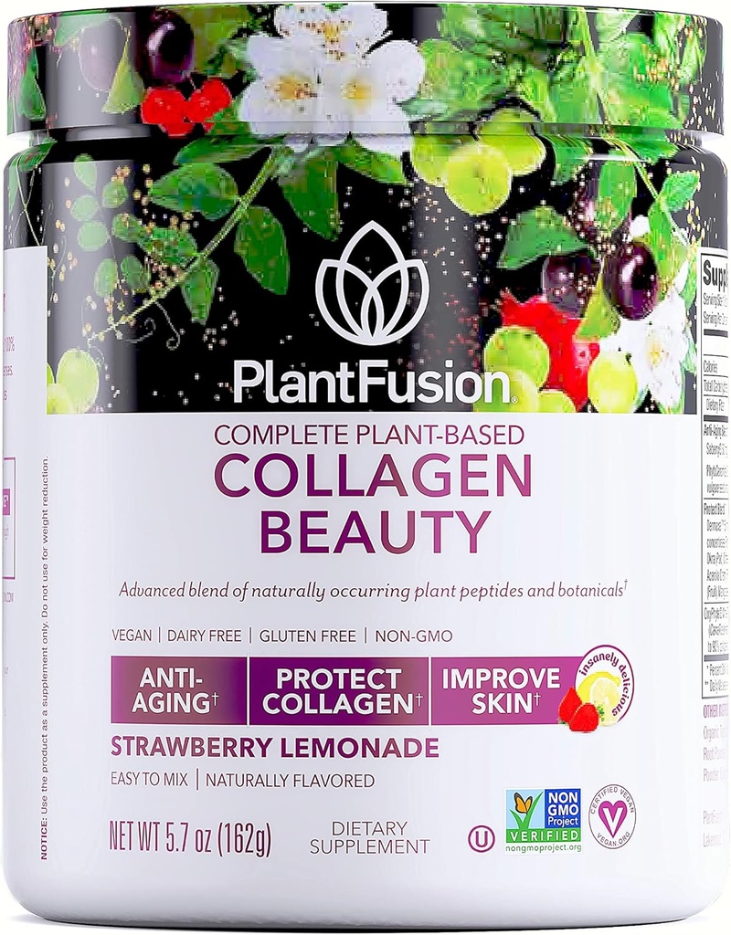 Vegan Collagen Beauty Powder for Women - Hair Skin Nails Vitamins - Strawberry Lemonade Flavor - Gluten Free, Non-GMO, Non-Dairy - 18 Servings