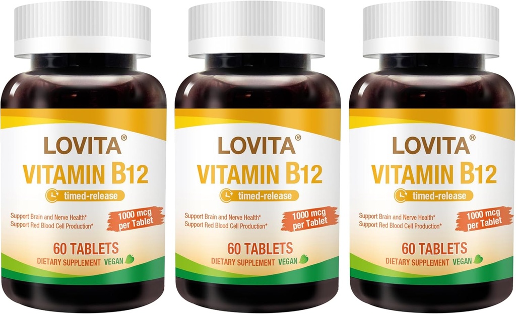 Timed Release Vegan Vitamin B12 1000 mcg Tablets - Supports Nervous System - 60 Vegetarian Tablets x 3 Packs - Cyanocobalamin Formula - 2 Month Supply