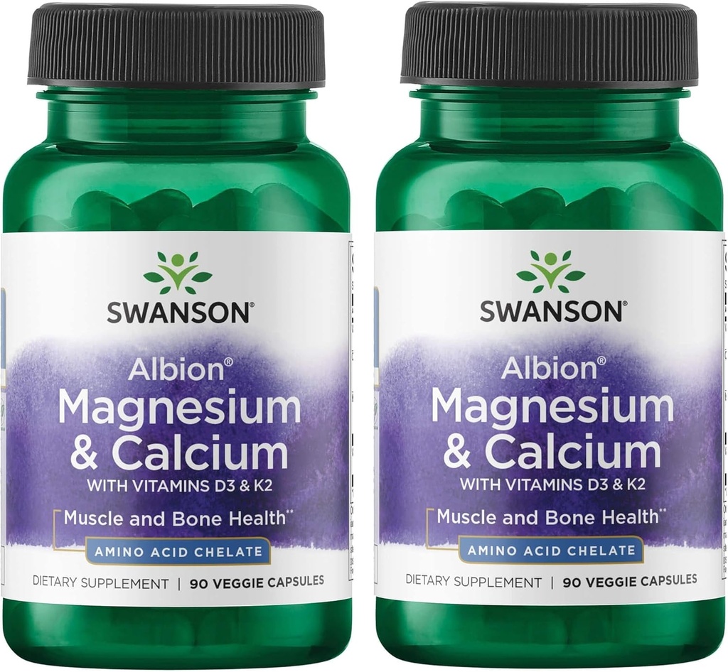 90 Veg Capsules Swanson Albion Chelated Magnesium & Calcium 2:1 - Twin Pack