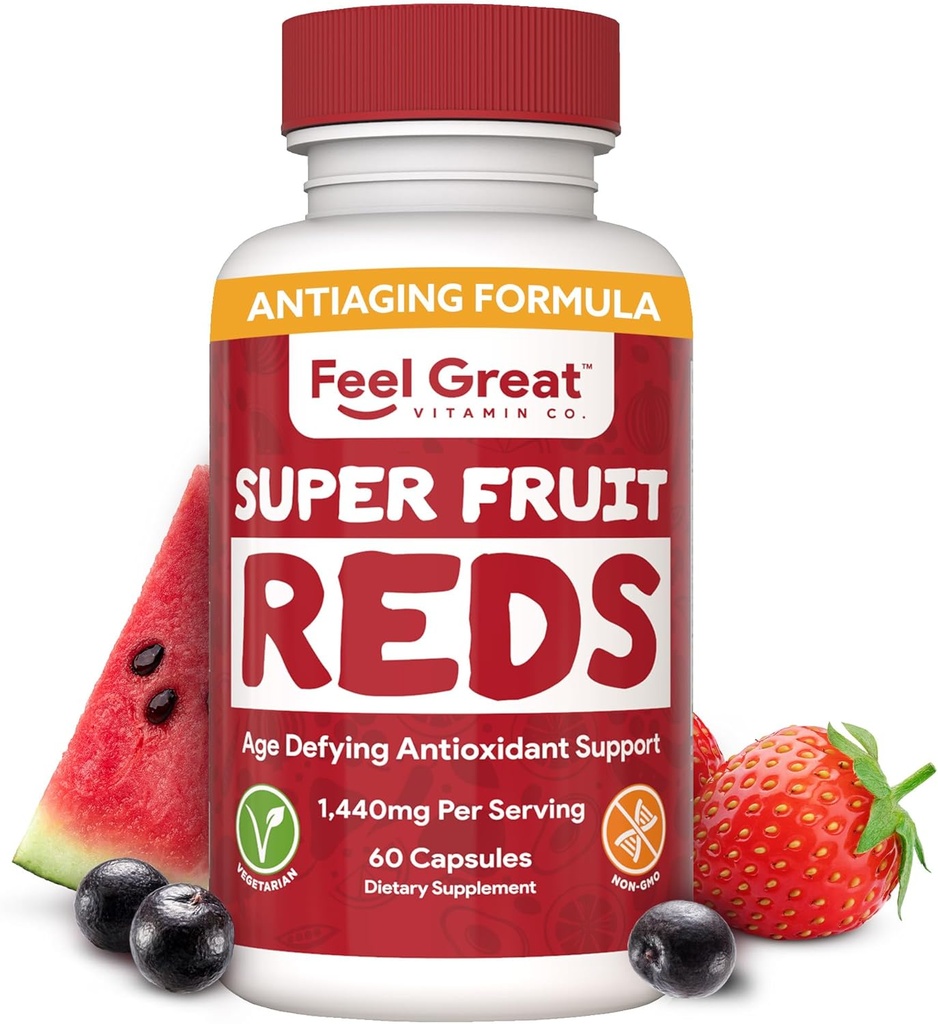 Superfruit Reds Antioxidant Superfood Capsules for Anti-Aging & Immune Support with Acai, Mangosteen, Pomegranate, Blueberry - 60ct