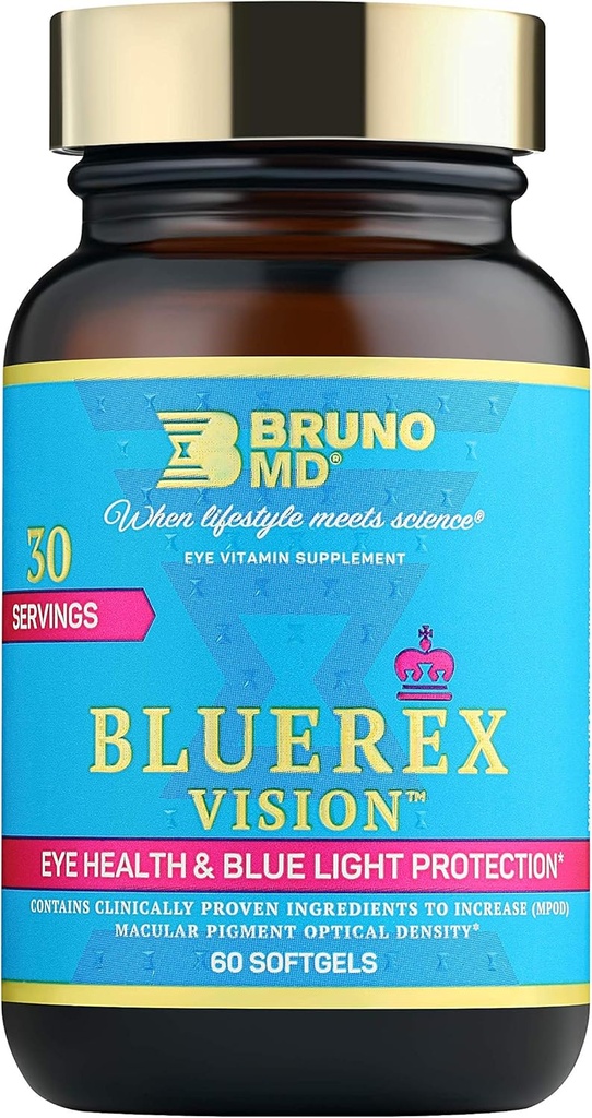 BRUNO MD Bluerex Vision: Adult Eye Health Supplement with Vitamin E & Bilberry Extracts. Antioxidant Support for Computer Vision Syndrome & Dry Eyes.