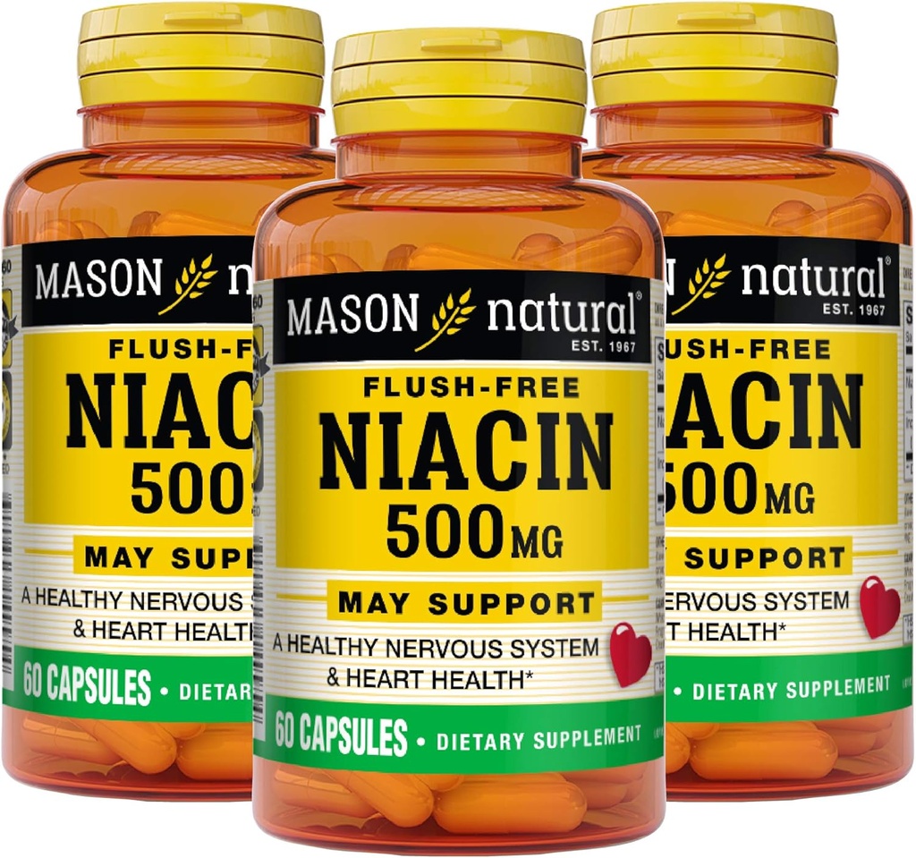 Pack of 3 Mason Natural Niacin 500 mg Flush-Free Capsules for Heart Health & Energy Production