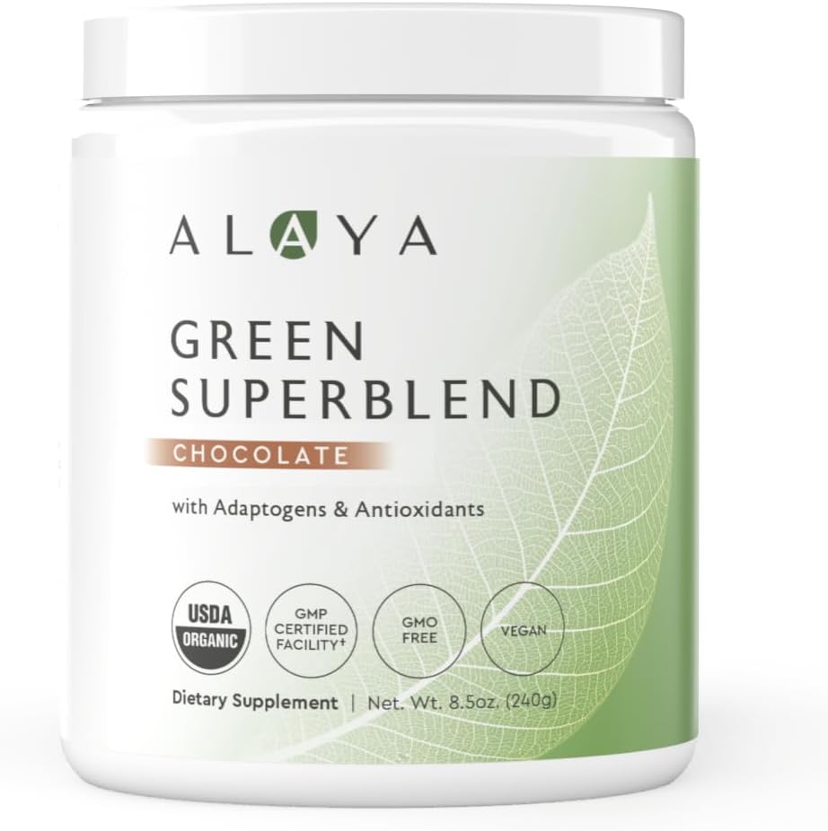 Alaya Naturals Organic Super Greens Powder - Premium Green Juice Superfood Supplement with Adaptogens, Antioxidants, Probiotics - USDA Organic, Non-GMO, Vegan - 30 Servings (Chocolate)