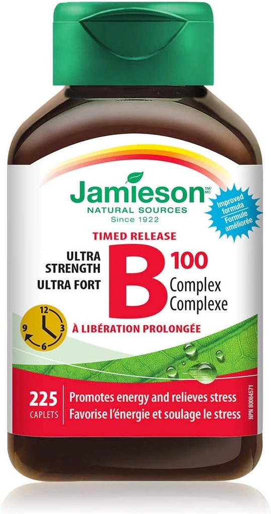 225 Caplets of Jamieson Timed Release B100 Complex - High Potency Vitamin B Supplement for Energy Boost