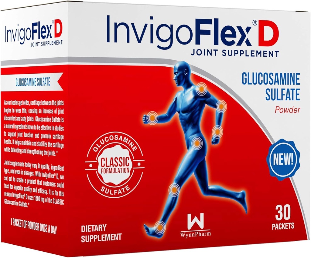 INVIGOFLEX® D - Premium Joint Supplement with 1500mg Glucosamine Sulfate Powder - Supports Knees, Hands, Back, and Hip - 30 Packets