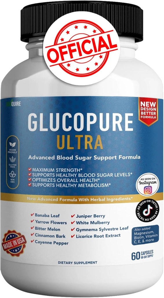 Maximum Strength BIOQUIRE Gluco Pure Ultra Dietary Supplement - 60 Capsules - Supports Healthy Blood Sugar Levels - Optimizes Overall Health