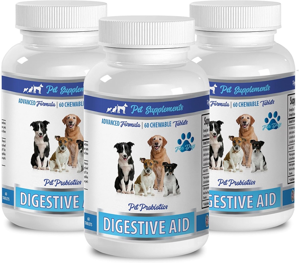 Dog Digestive Aid Probiotics for Bad Breath, Gas, and Diarrhea - Natural Solution - 3 Bottles (180 Treats)