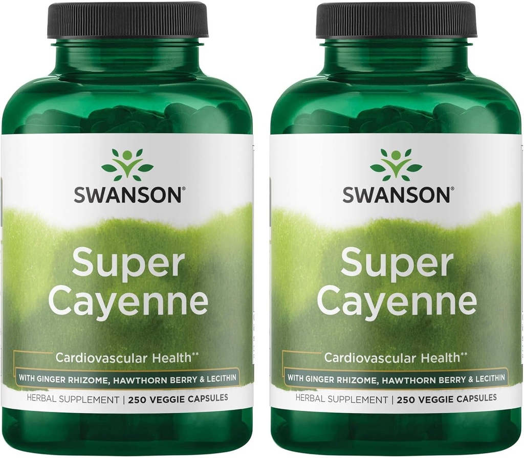 2-Pack Swanson Super Cayenne Herbal Supplement for Heart Health, Circulation & Blood Flow - Natural Formula with Ginger, Hawthorne Berry & Lecithin - 500 Veggie Capsules