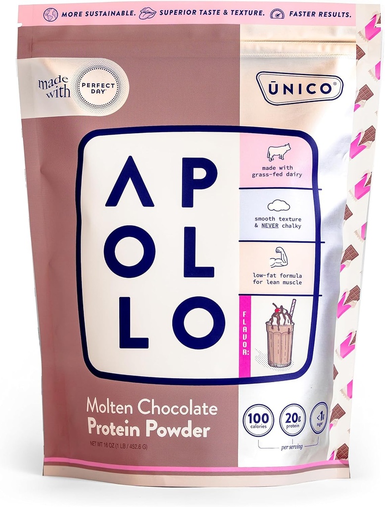 ŪNICO Apollo Molten Chocolate Protein Powder - 20g Grass-Fed Protein Blend | Non-Bloating & Low-Carb | 16 Servings | Smooth Texture | Best-Tasting Flavor