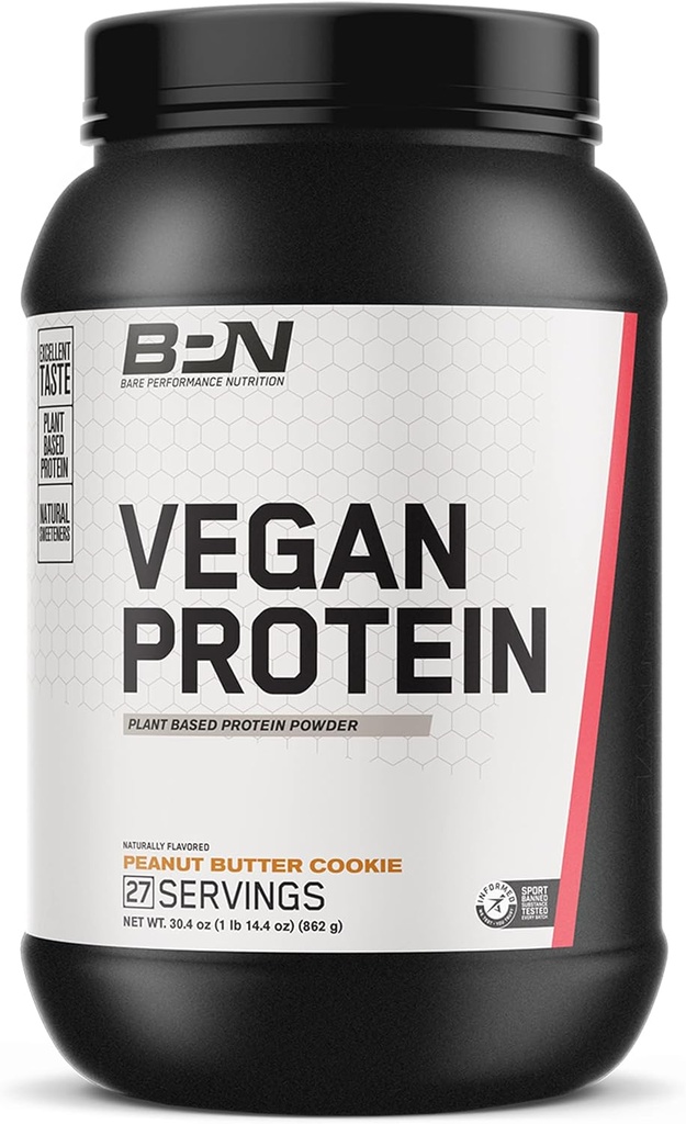 BARE PERFORMANCE NUTRITION Vegan Protein Powder, Plant-Based Pea Protein Blend, Watermelon and Pumpkin Flavor, Naturally Sweetened (27 Servings, Peanut Butter Cookie)