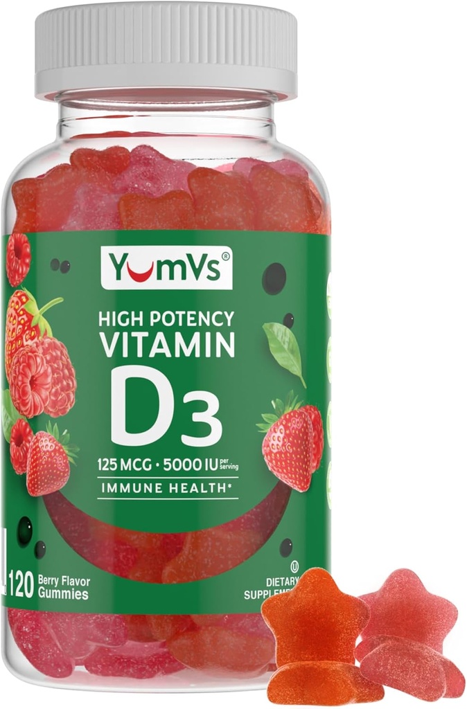 YUM-V'S High Potency Vitamin D3 Gummies 5000 IU - Berry Flavor - Vegetarian Kosher Halal - Gluten Free - 120 Count - Vitamin D Gummies for Adults