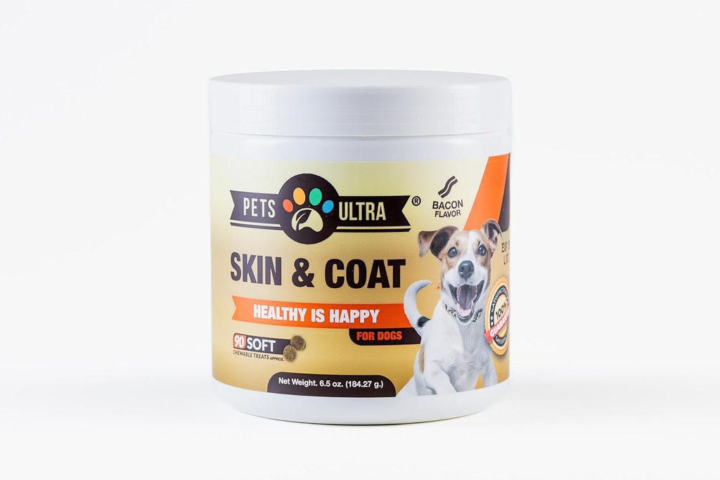 Dog Skin & Coat Supplement Treats with Omega 3,6,9, Salmon Oil, Biotin - Bacon Flavor - 90 Chews - Allergy Relief & Hot Spot Treatment