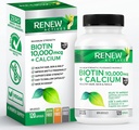 Renew Actives Biotin & Calcium 10000mcg Capsules for Hair, Skin, Nails - Supports Bone & Teeth Health - Prevents Biotin Deficiency - 120 Count