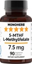 90 Vegetarian Capsules of MONOHERB L-Methylfolate 7.5 mg - Methyl Folate Supplement